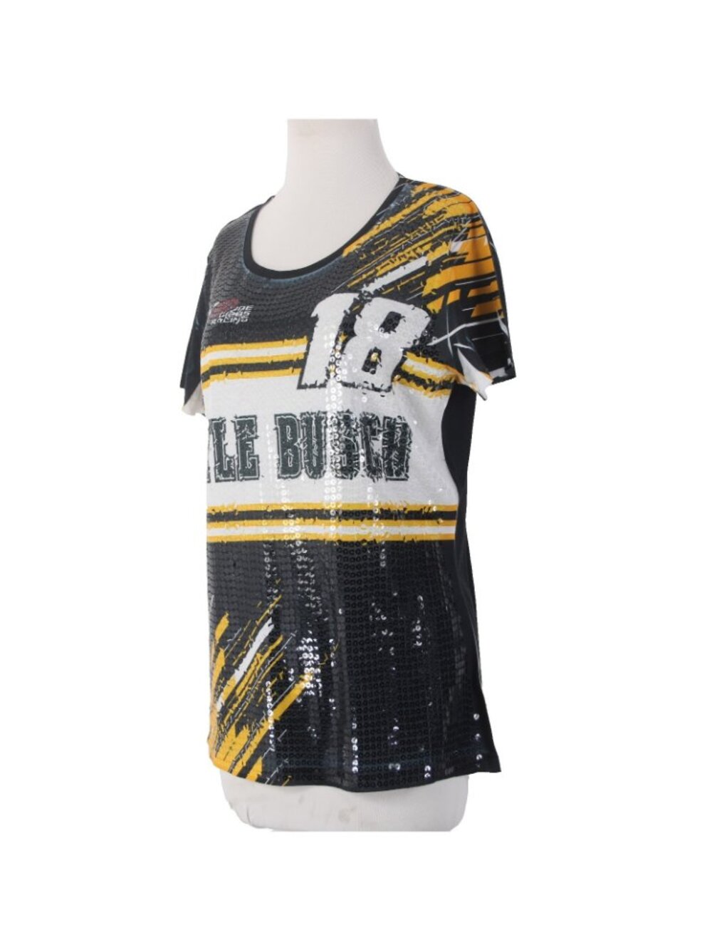 Over The Wall Top Sz XL Black White Yellow Sequin Kyle Busch 18 100% Poly Top - Picture 2 of 11